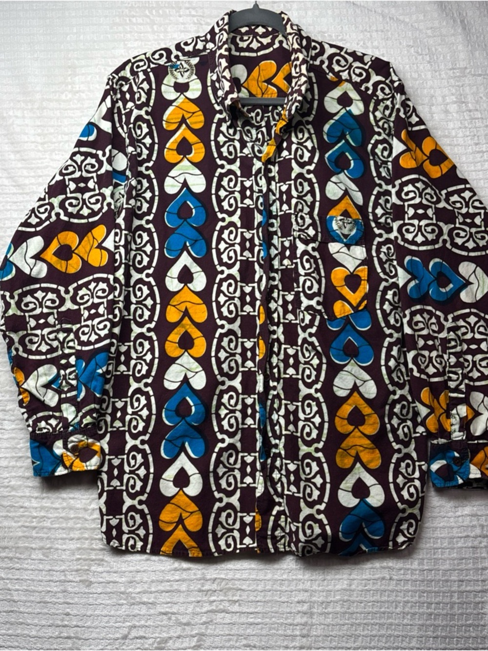 Vintage Mens Hawaiian Style Long Sleeve Dress Shirt Medium Brown & Orange